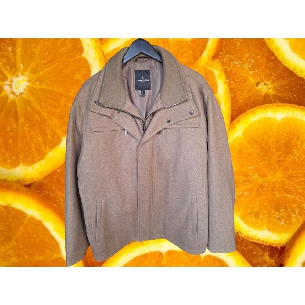 London Fog Mens Wool Blend Zip Front Car Coat Tan Brown Size L